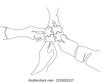 Single continuous line drawing of business team members unite puzzle pieces together to one as team building symbol. Trendy one line draw design vector graphic illustration. Employee teamwork concept.