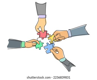 Un único dibujo de línea continua de los miembros del equipo de negocios une piezas de rompecabezas a una como símbolo de creación de equipos. Concepto de trabajo en equipo de empleados. Ilustración gráfica del vector de diseño de una línea de moda
