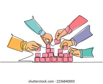 Single continuous line drawing of business team member arrange wooden cube block become sturdy tower together to improve team building. Teamwork concept one line draw design vector illustration