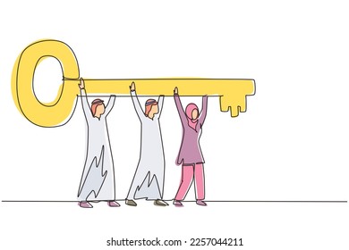 Single continuous line drawing business teamwork key of success concept. Arab businessman working in team. People lifting key of success, stepping forward to open future. One line draw design vector