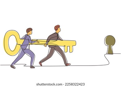 Una sola línea contínua dibujando hombres de negocios parados frente al agujero de cerradura con una gran llave. El equipo de negocios es clave para el éxito. Dos hombres de negocios con una enorme llave dorada. vector de diseño de trazos de una línea