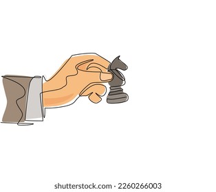 Single continuous line drawing business concept illustration of businessman hand holding chess knight piece, strategy, strategic move concept. Dynamic one line draw graphic design vector illustration