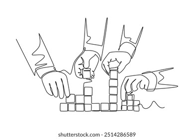 Single continuous line drawing business team member arrange wooden cube block become strong tower, together to improve team building. Teamwork concept. One line draw graphic design vector illustration