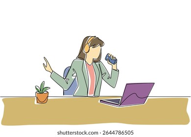 Single continuous line drawing a business woman using headphones sitting singing holding a coffee paper cup. A short break. Leisure. Enjoy. National Sing Out Day. One line design vector illustration