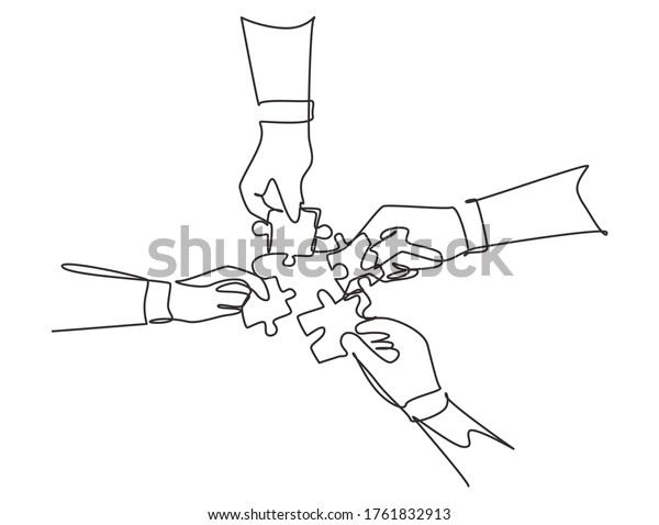Single continuous line drawing of business team members\
unite puzzle pieces together to one as team building symbol.\
Employee teamwork concept. Trendy one line draw design vector\
graphic illustration 