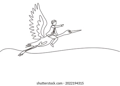 Einzelreihengezeichneter Geschäftsmann, der Stork Symbol des Erfolgs reitet. Business-Metapher-Konzept, Blick auf das Ziel, Leistung, Führung. Grafikdesign mit einer Linie, Vektorgrafik