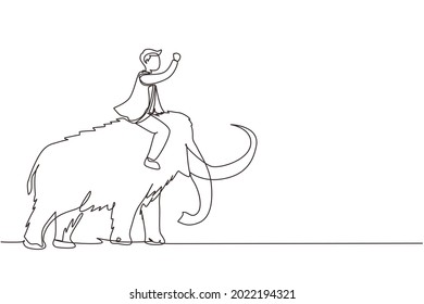 Single continuous line drawing businessman riding huge dangerous mammoth. Professional entrepreneur male character fight with predator. Successful business man. One line draw graphic design vector