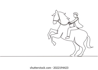 Single continuous line drawing businessman riding horse symbol of success. Business metaphor concept, looking at the goal, achievement, leadership. One line draw graphic design vector illustration