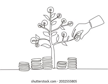 Single continuous line drawing businessman hand pick up coin from growing money tree. Background concept for return money saving and investment. One line draw graphic design vector illustration - Shutterstock ID 2032555805