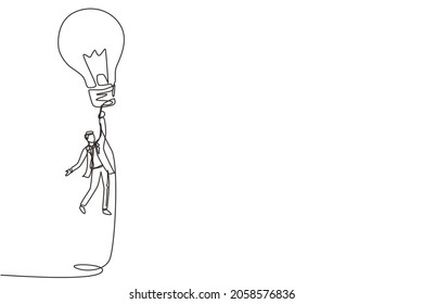 Single continuous line drawing businessman flying holding idea bulbs. Big idea to solve business problem, invention or innovation to drive business growth. One line draw design vector illustration