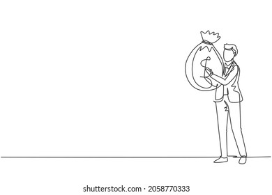 Single continuous line drawing businessman holding large bag full of money. Smiling man walking and carrying big heavy sack full of cash money. Dynamic one line draw graphic design vector illustration