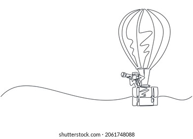 Single continuous line drawing businessman looking through telescope in hot air balloon briefcase. Man in suitcase balloon search to success. Business travel. One line draw design vector illustration