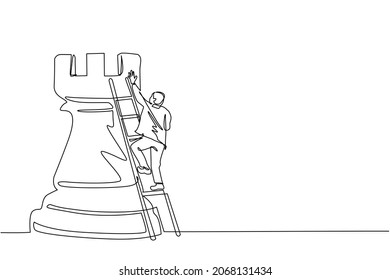 Single continuous line drawing businessman climb huge rook chess piece with ladder. Business strategy and marketing plan. Strategic move in business concept. One line draw design vector illustration