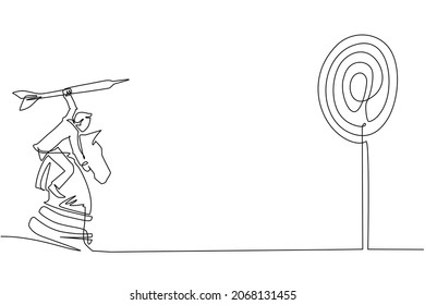 Single continuous line drawing businessman holding a dart arrow while riding chess knight piece, strategic concept. Success business manager. Dynamic one line draw graphic design vector illustration