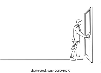 Single continuous line drawing businessman holding a door knob. Entering room in office building. Man holding door knob to open door and enter work space. Dynamic one line draw graphic design vector