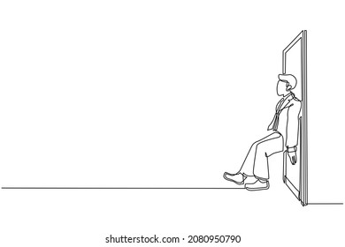 Single continuous line drawing businessman pushing door with his back. Business struggles. Strength for success. Business concept of overcoming obstacles. Dynamic one line draw graphic design vector