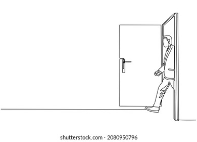 Single continuous line drawing businessman on white background walking through an open door frame. New business ventures. Entering new market. Career growth. One line draw design vector illustration