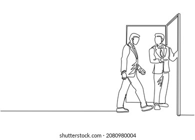 Single continuous line drawing businessman at the door welcomes his friend in. Man is inviting his friend to get into his house. Hospitality concept. One line draw graphic design vector illustration - Shutterstock ID 2080980004