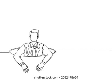 Single continuous line drawing businessman trying to get out of from hole, metaphor to facing big problem. Business struggles. Strength for success. One line draw graphic design vector illustration