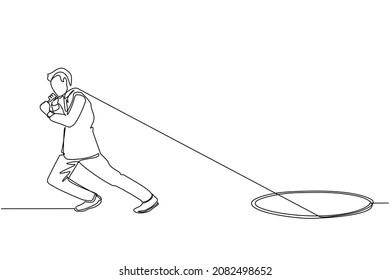 Single continuous line drawing businessman trying hard pulling rope to drag something from hole, metaphor to facing big problem. Business struggles. One line draw graphic design vector illustration