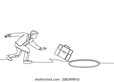 Single continuous line drawing businessman throws briefcase into hole. Failure to take advantage of business opportunities. Depressed and business failure concept. Dynamic one line draw design vector