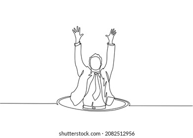 Single continuous line drawing businessman fell into manhole underground sewer. Man fell into sewage. Depressed and business failure concept. Metaphor. Defeat. One line draw design vector illustration