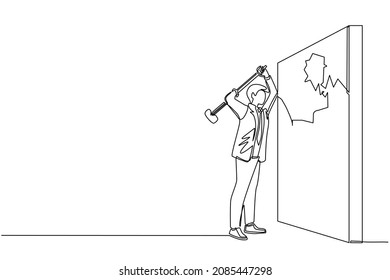 Single continuous line drawing businessman breaks and hitting wall with hammer. Achievement way for success. Breakthrough to goal. Leadership in business. Strong people. One line draw design vector