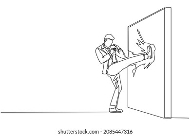 Single continuous line drawing businessman doing kung fu or karate kick to destroy the brick wall. Business concept of obstacle and solution. Obstruction ruined with force. One line draw design vector