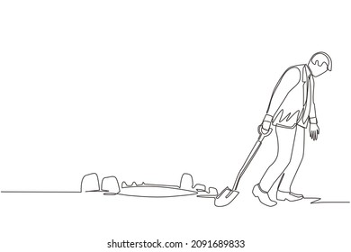 Single Continuous Line Drawing Businessman Walking Unsteadily Leaving Hole Dug Dragging Shovel. Man Digs In Tunnel Trying To Get To Goal. He Gave Up And Stopped Trying. One Line Graphic Design Vector