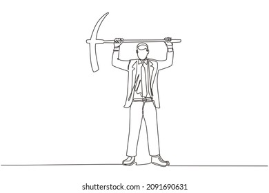Single continuous line drawing businessman standing and lifting big pickaxe. Business concept. Depicts hard work, success, achievement, and discovery. One line draw graphic design vector illustration