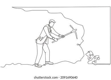 Single continuous line drawing businessman digging with pickaxe to get diamond. Worker digging and mining for diamond in an underground tunnel. Dynamic one line draw graphic design vector illustration