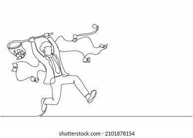 Single continuous line drawing businessman trying to catch flying money with butterfly net. Happy running entrepreneur man using business opportunity to scoop dollar bills. One line draw design vector