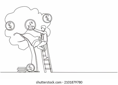Un único empresario de dibujo continuo recogiendo dólares del árbol de dinero. Planta monetaria. Crecimiento empresarial, concepto de éxito financiero. Inversión e ingresos bancarios. vector de diseño gráfico de tracción de línea