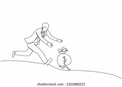 Single continuous line drawing businessman chasing money bag dollar run away. Concept of achieving goals and profits, striving for success, running for money. One line draw design vector illustration