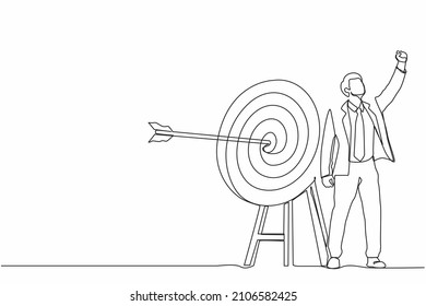 Single continuous line drawing businessman fist pump his arrow directed into the target. Target goal, focus and progress. Business archery, arrow hit focus. Dynamic one line draw graphic design vector