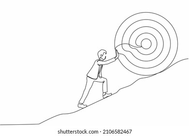 Single continuous line drawing businessman push up big target to mountain. Salary man pushing giant target upwards so very difficult. Goal too big can be difficult. One line draw graphic design vector