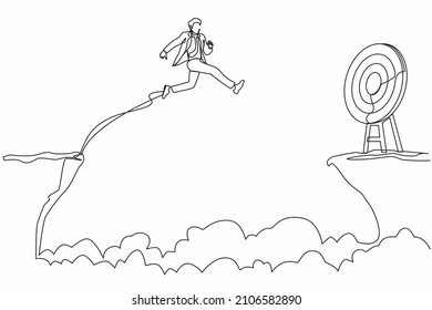 Single continuous line drawing businessman jumping over cliff to reach target. Success move while taking risk. Entrepreneur challenges, motivation, personal growth. One line draw graphic design vector
