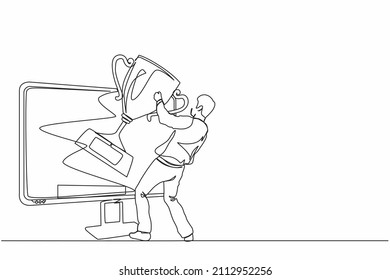 Single continuous line drawing businessman pulls out trophy cup from computer screen. Working on award winning project, freelance job, online work, winner. One line graphic design vector illustration