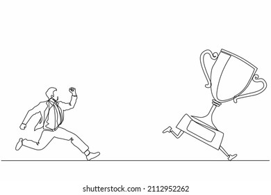 Single continuous line drawing businessman trying to catch trophy. Man running and chasing after run away winner cup. Business challenge metaphor. Dynamic one line graphic design vector illustration