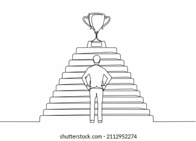 Single continuous line drawing businessman standing in front of staircase with trophy cup on the top. Path to success, goal, business vision. Dynamic one line draw graphic design vector illustration 