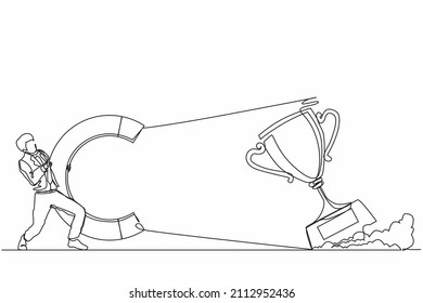 Single continuous line drawing businessman attracting big trophy with huge magnet. Victory sign. Success, achievement, business goals concept. Dynamic one line draw graphic design vector illustration
