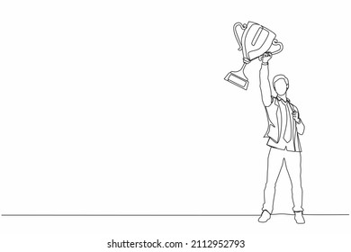 Single continuous line drawing businessman with trophy standing with arms lifted in the air. Man celebrating his business award. Winner and reaching goals concept. One line draw graphic design vector
