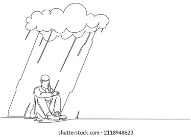 Single continuous line drawing businessman feeling sad and depression sitting under rain and cloud. Unhappy depressed loneliness sad worker in stress with problem. One line draw design vector graphic