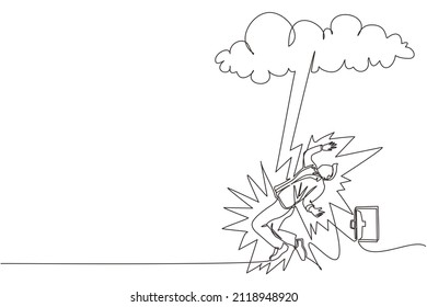 Single continuous line drawing businessman struck by lightning or thunder from dark cloud. Bad luck, misery, unfortunate, unlucky, disaster, risk, and danger. One line draw design vector illustration