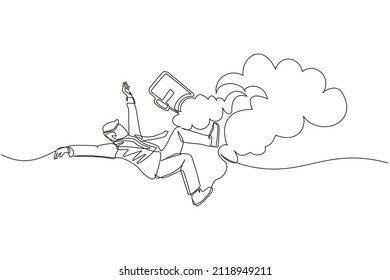 Single continuous line drawing businessman falling from sky. Failure and defeat. Employee dismissal and bankruptcy. Financial crisis. Person loses business and job. One line draw graphic design vector