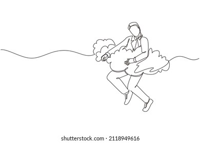 Single continuous line drawing businessman hang in the clouds. Hoping for success, financial freedom, winning business project, achievement concept. One line draw graphic design vector illustration