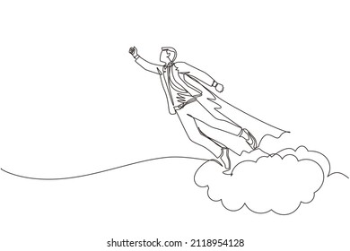 Single continuous line drawing businessman superhero flies up and leaves cloud of dust. Super worker in robe cloak takes off. Power and uniqueness business concept. One line draw graphic design vector