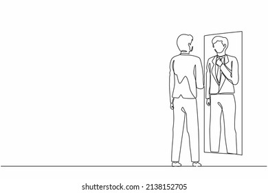 Single continuous line drawing businessman adjusting tie in front of mirror. Man checking his appearance in mirror. Male manager looking himself in mirror. One line graphic design vector illustration