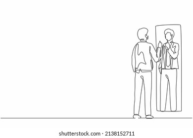 Single continuous line drawing businessman loves to look at his reflection in mirror and thumbs up pose  Man in mirror reflection  egoistic  attractive confidence  One line draw graphic design vector