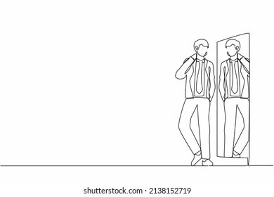Single continuous line drawing businessman character choosing suit for business meeting  Man trying clothes at home  Guy and style  Mirror and male reflection  One line draw graphic design vector
